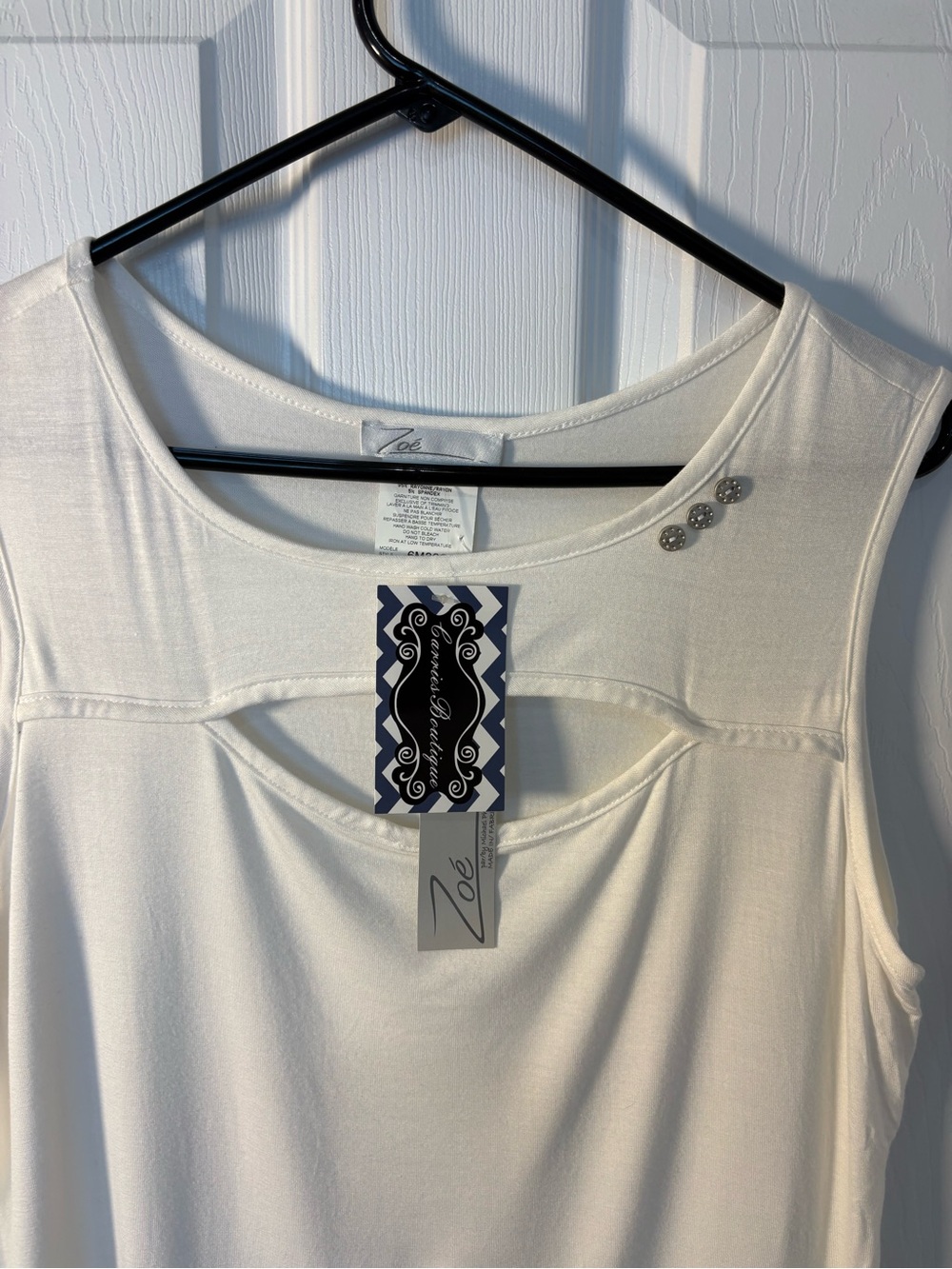 White Cutout Sleeveless Tank with Decorative Shoulder Buttons - Picture 3 of 6
